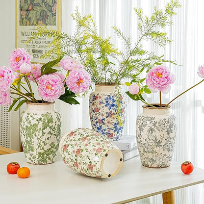 Sungmor Ceramic Flower Vase, Vintage Ice Cracked Glaze Porcelain Vase, Pretty Home Decor Vase for Flower Arrangement, Fresh Flowers, 10.2 Inch Tall Chinoiserie Pottery Vase, Pink Floral Pattern
