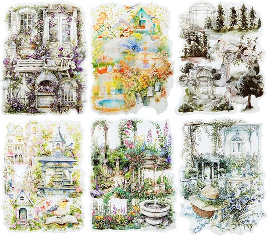 150Pcs Garden Theme PET Sticker Set, Floral Landscape Scrapbook Supplies for Journaling, Junk Journal, DIY Crafts, and Decorative Projects