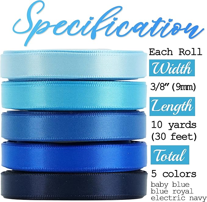 HUIHUANG Blue Solid Color Satin Ribbon Assortment - 5 Colors Double Face Satin Ribbon for Gift Wrapping, Wedding, Baby Shower - 3/8" X 10 Yard Each, Total 50 Yds Per Package