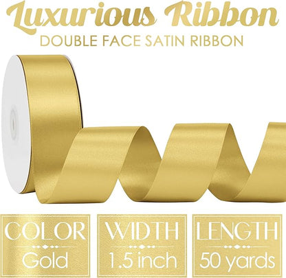 MEEDEE Gold Satin Ribbon 1-1/2 Inch Gold Ribbon Lux Double Faced Satin Ribbons by 50 Yards Polyester Satin Ribbons for Crafts, DIY Crafts, Wedding, Flower Bouquet, Holiday Decorating