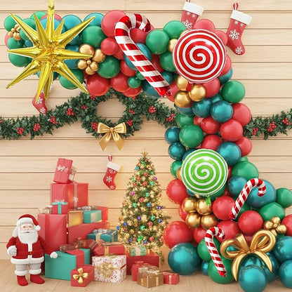Christmas Balloon Garland Arch Kit, Xmas Red Green Gold Balloons Candy Cane Explosion Star Mylar Foil Balloons for Merry Christmas Ugly Sweater New Year Friendsmas Festival Birthday Party Decorations