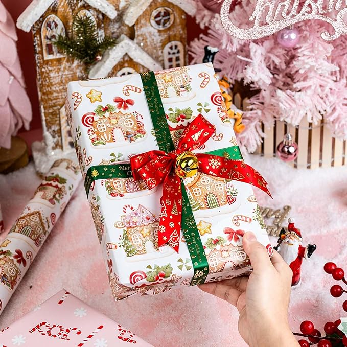 MAYPLUSS Christmas Wrapping Paper Roll - 17 Inch X 33 Feet - Cute Pink Gingerbread House Reversible Candy Cane Gift Wrapping Paper, Thick Gift Wrap Paper for Holiday Party New Year Kids