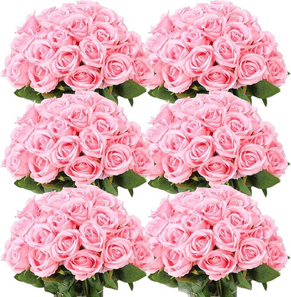 Jexine 50 Pcs Artificial Rose Flower Bulk Realistic Silk Fake Roses with Long Stem Plastic Artificial Flower Bouquet Real Looking for Home Wedding Centerpieces Party Decoration(Pink)