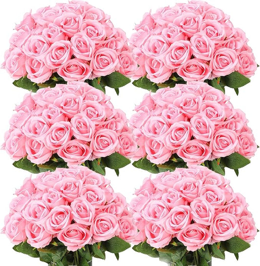 Jexine 50 Pcs Artificial Rose Flower Bulk Realistic Silk Fake Roses with Long Stem Plastic Artificial Flower Bouquet Real Looking for Home Wedding Centerpieces Party Decoration(Pink)