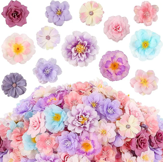 210 Pcs Mini Silk Flower Heads Small Fake Rose Daisy Faux Flowers Bulk for Crafts Artificial Loose Fabric Flowers Heads Sunflower Bulk for Wedding Hair Cap Dresses Decorations, Purple