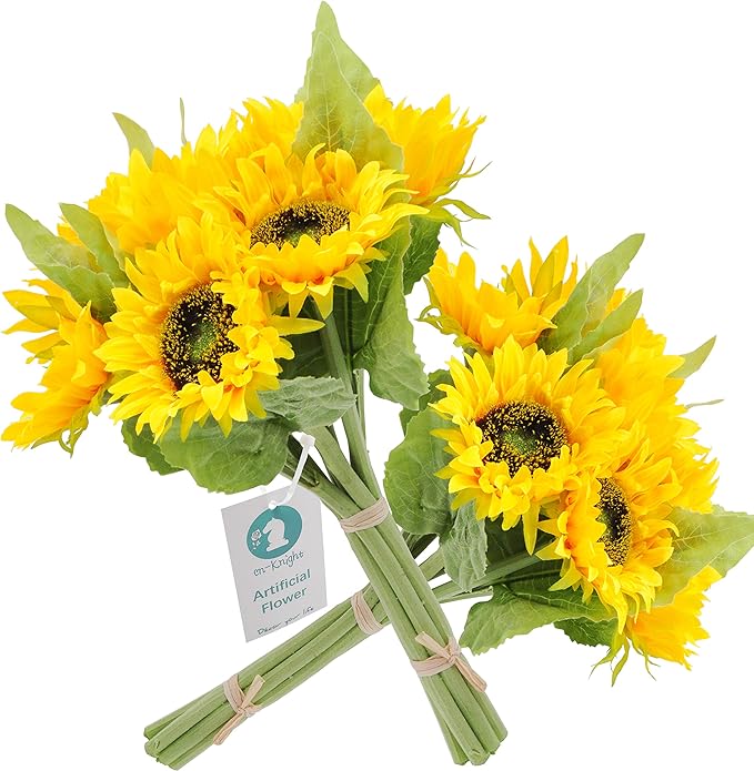 Artificial Flowers 2pcs 14'' Sunflower Bouquets with 7pcs Silk Flowers for Wedding Bridal Bouquet Bridesmaid Home Decor Housewarming Gift Office Baby Shower (Yellow)