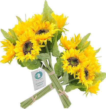 Artificial Flowers 2pcs 14'' Sunflower Bouquets with 7pcs Silk Flowers for Wedding Bridal Bouquet Bridesmaid Home Decor Housewarming Gift Office Baby Shower (Yellow)