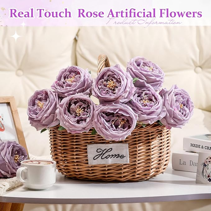 10pcs Real Touch Peonies Artificial Flowers, Faux Austin Rose with Long Stem Look Real Fake Flower for Christmas Valentines Arrangement Wedding Party Home Kitchen Decor (Light Purple)