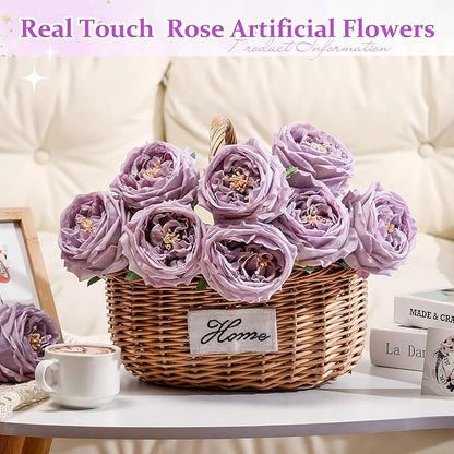 10pcs Real Touch Peonies Artificial Flowers, Faux Austin Rose with Long Stem Look Real Fake Flower for Christmas Valentines Arrangement Wedding Party Home Kitchen Decor (Light Purple)