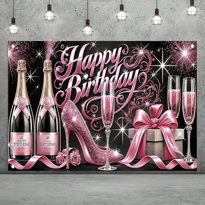 Happy Birthday Backdrop Banner Glitter High Heels Wine Glass Photography Background Poster for Women Girls Birthday Party Decorations Supplies 71 x 43 Inch