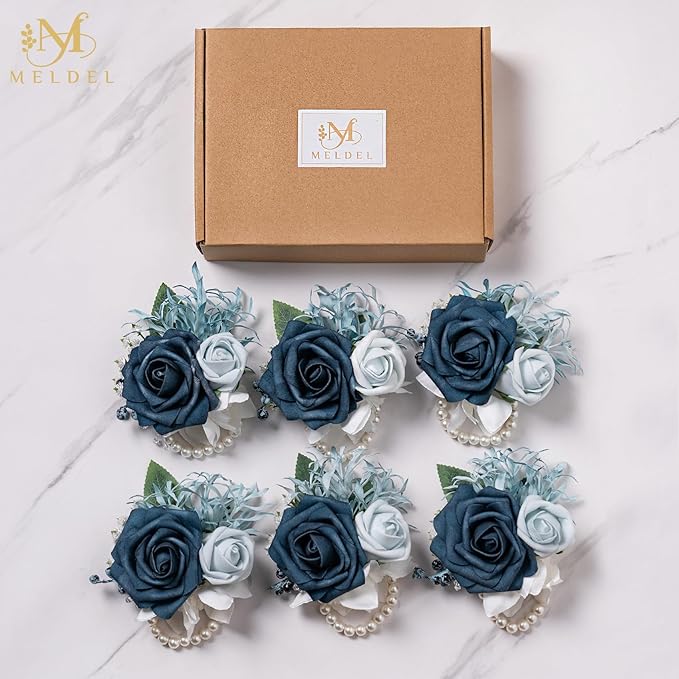 Meldel Navy Blue Wrist Corsage,Set of 6, Homecoming Wrist Flower Girl/Mother Corsages Wristlet Décor Perfect for Bride Bridesmaids Wedding Guests Hand Flower, Proms, Party, Ceremony Anniversary