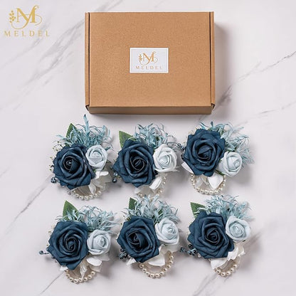 Meldel Navy Blue Wrist Corsage,Set of 6, Homecoming Wrist Flower Girl/Mother Corsages Wristlet Décor Perfect for Bride Bridesmaids Wedding Guests Hand Flower, Proms, Party, Ceremony Anniversary