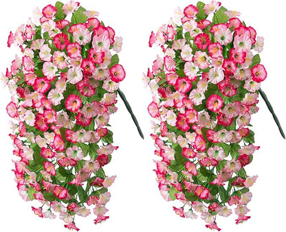 Artificial Fake Hanging Flowers Plants for Outdoor Decoration, 2PCS Faux Silk Morning Glory Long Vines Stems UV Resistant Look Real for Spring Summer Outside Home Porch Patio, Pink