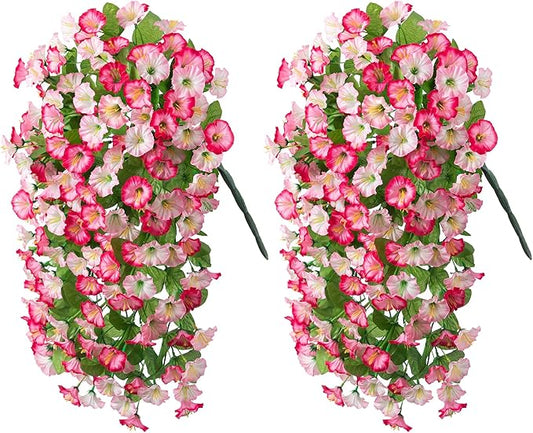 Artificial Fake Hanging Flowers Plants for Outdoor Decoration, 2PCS Faux Silk Morning Glory Long Vines Stems UV Resistant Look Real for Spring Summer Outside Home Porch Patio, Pink