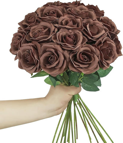 DuHouse 10pcs Fake Roses Artificial Silk Flowers Long Stems Bouquet for Arrangement Wedding Centerpiece Party Home Kitchen Decor(Mocha Brown)