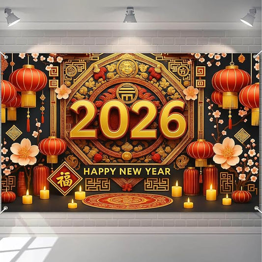 Chinese New Year Banner 71x43 Inch 2026 Spring Festival Wall Decoration with Red Lanterns and Plum Blossoms Lunar New Year Backdrop for Home Party Holiday Photo Background
