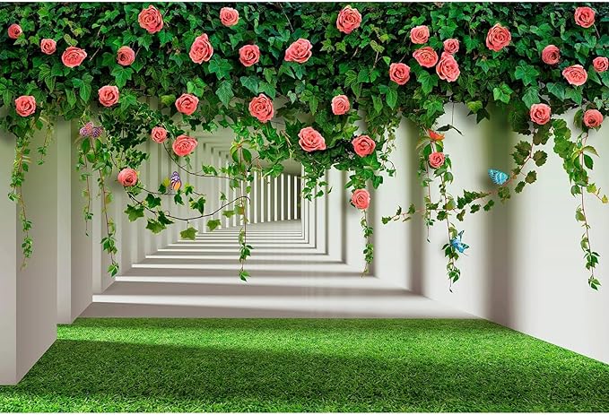 Rose Flowers Backdrop Red Rose Flowers and Green Leaves with Butterflies Photography Background Spring Alley Green Grass Backdrops Outdoor Wedding Party Decorations Photo Studio Props 12x8ft