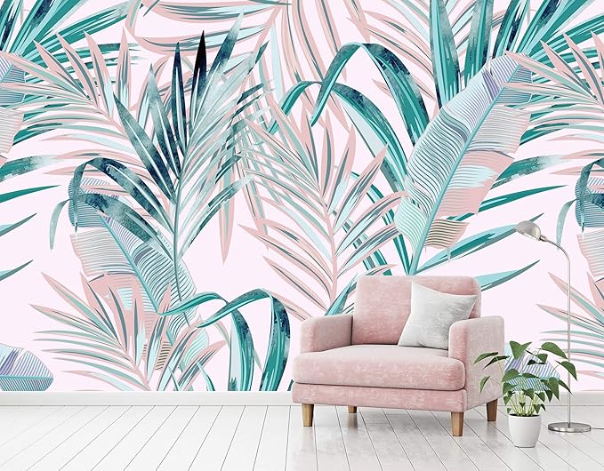 WFBHUA-Pink and Green Palm Leaf Wallpaper Large Self Adhesive Mural for Girls' Rooms 137"x100"