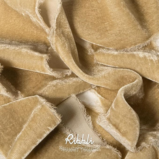Ribbli Light Champagne Velvet Ribbon 2 Inch Handmade Frayed Vintage Christmas Ribbon for Gift Wrapping Christmas Tree Ornament Wreath Craft Home Decor-3 Yards