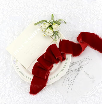 MAYREEL 2 Inch Red Velvet Ribbon Hand Torn Crimson Silk Frayed Edge for Christmas Gift Wrapping Bridal Bouquets Invitations Wedding Vow Books Gift Baskets 3 Yards