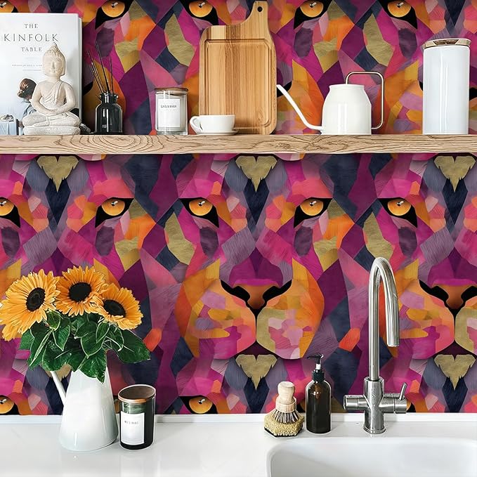 Floral Peel and Stick Modern Animal Wallpaper Whimsical Lion Removable Colorful 17.7" x 118.11" Wall Paper Watercolor Self Adhesive Contact Paper for Classroom Bedroom Laundry Room Bathroom
