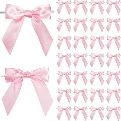 Pink Satin Ribbon Twist Tie Bows 5 Inch Pre-Tied Blush Pink Gift Bows for Crafts, Treat Bags, Party Favors, Wedding, Baby Shower, Candy Apple, Christmas Tree (36 Pack)
