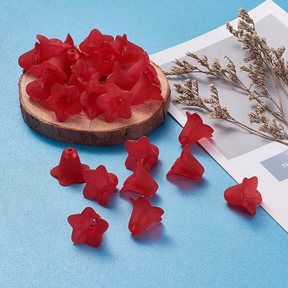 Crafans 50Pcs Frosted Acrylic Flower Beads for Christmas Red Floral Pendants Trumpet Flower Bead Caps Loose End Spacer Beads for Jewelry Making Supplies 17.5x12x1.5mm