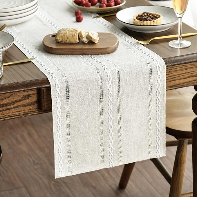 Artoid Mode Beige Rustic Cotton Linen Table Runner, Seasonal Embroidered Hollow Kitchen Dining Table Decoration for Home Party Decor 13x90 Inch