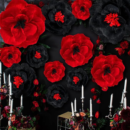 Giant Paper Flowers Artificial Large Paper Flower Decoration for Handcrafted Wall Backdrop Christmas Mexican Wedding Graduation Bridal Shower Birthday Party Supplies(Wine Red and Black,12 Pcs)