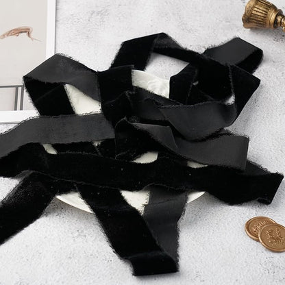 Black Velvet Ribbon 1.5 Inch Black Frayed Silk Velvet Ribbon Rustic Christmas Velvet for Gift Raw Edge Boho for Wedding Invitation Bridal Bouquet -3yards