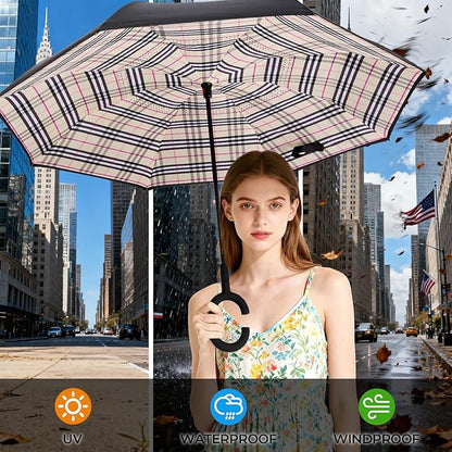 Inverted Umbrella, 49 Inch Double-Layer Vented Reverse Umbrella, Windproof Waterproof UV Protection, Lightweight C-Handle, Fiberglass Ribs, Steel Shaft, Travel/Commute/Car Use, With Sleeve
