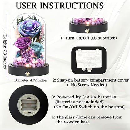 Birthday Gifts for Women Purple Preserved Flowers in Glass Dome Forever Flowers for Delivery Prime, Colorful Forever Roses Anniversary Valentines Day Mothers Day for Her Mom Wife