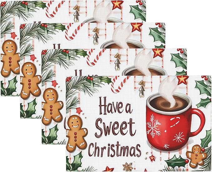 Christmas Placemats Set of 4,Have a Sweet Christmas Placemats Dining Table Mat Set,12x18 Washable Stain Resistant Wipeable Cloth Placemat for Kitchen Buffet Parties