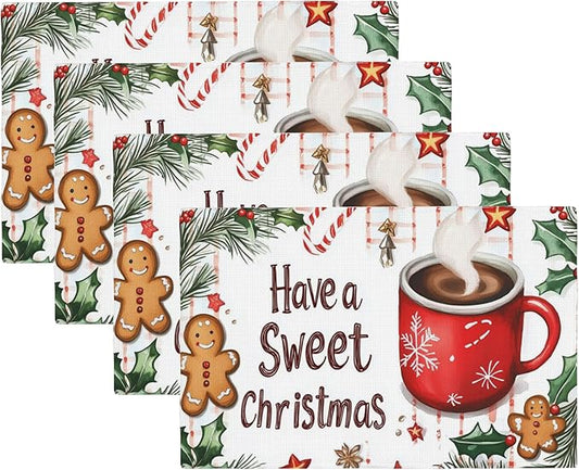 Christmas Placemats Set of 4,Have a Sweet Christmas Placemats Dining Table Mat Set,12x18 Washable Stain Resistant Wipeable Cloth Placemat for Kitchen Buffet Parties