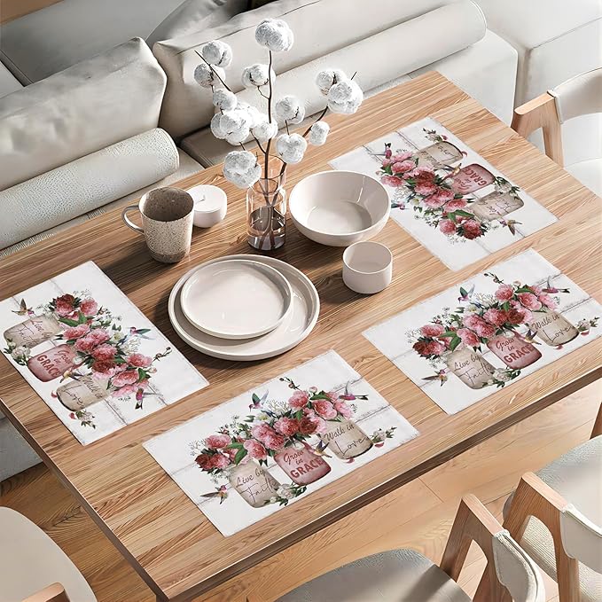 Rose Flower Placemats Set of 4 Farmhouse Peony Floral Table Mats Washable Place mats for Home Party Indoor Kitchen Dining Table Decoration 12x18 Inch