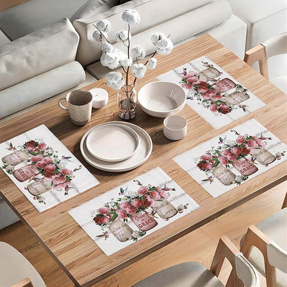 Rose Flower Placemats Set of 6 Farmhouse Peony Floral Table Mats Washable Place mats for Home Party Indoor Kitchen Dining Table Decoration 12x18 Inch