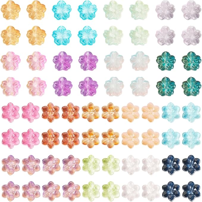 120Pcs Glass Flower Beads Colorful Cherry Blossom Crystal Beads Cute Floral Charm Bead Spring Plant Loose Spacer Bead for DIY Crafts Friendship Bracelet Earring Necklace Jewelry Making