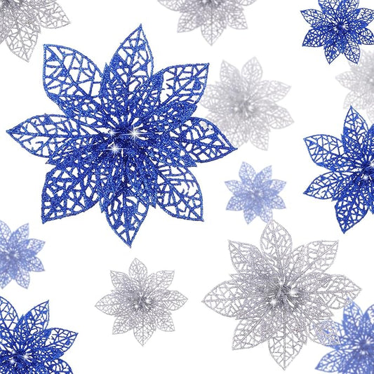 Boao Blue,Silver 24 Pieces Poinsettia Flower Christmas Glitter Artificial Poinsettia with Clips Christmas Tree Ornament Decorations for DIY Xmas Wreath Holiday Home Party Decor, 3/4/6 Inches