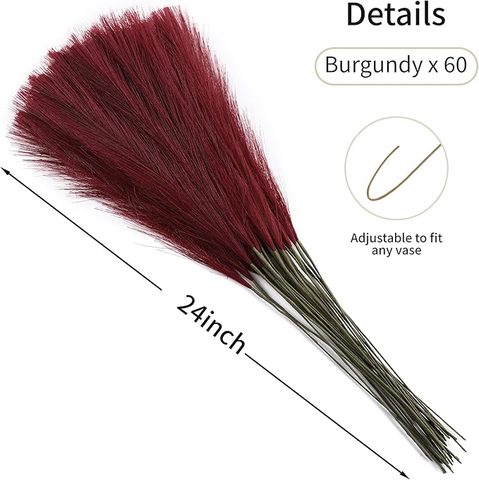 Faux Burgundy Pampas Grass - 30pcs 24 Inch Artificial Pampas Grass Decor Tall, Fake Pompas Grass for Vase Filler, Table Centerpieces, Wedding, Party and Home Decor (Burgundy, 60 Pieces)