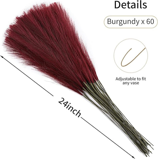 Faux Burgundy Pampas Grass - 30pcs 24 Inch Artificial Pampas Grass Decor Tall, Fake Pompas Grass for Vase Filler, Table Centerpieces, Wedding, Party and Home Decor (Burgundy, 60 Pieces)