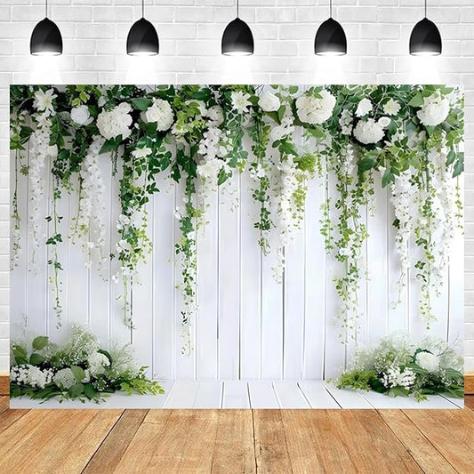 5x3ft White Flower Backdrop Green Leaves Wedding Bridal Shower Photography Background Floral Rustic Wood Wall Birthday Party Banner Decorations Reception Ceremony Portrait Photo Booth Prop