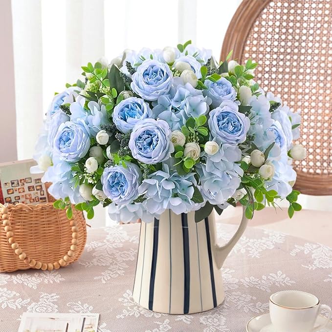 ASTRYAS 8Pcs Artificial Peonies Blue Silk Peonies Faux Flower Bouquet Fake Blue Peonies Artificial Flowers Table Centerpieces for Bridal Wedding Home Party Office Decoration Bulk