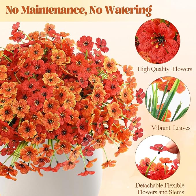 MACTING Artificial Fall Flowers for Outdoors 6 Bundles Faux Mums Outdoor Plants UV Resistant Fake Silk Flowers for Planters Front Door Porch Patio Indoor Outside Autumn Thanksgiving Decor,Orange & Red