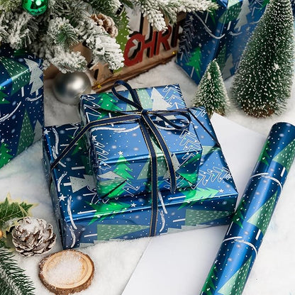 MAYPLUSS Christmas Tree Wrapping Paper Roll - 17 Inch X 33 Feet - Shine Metallic Navy Blue Elegant Christmas Tree Snow Winter Gift Wrap Paper Sheet for Holiday, Hanukkah, Festive Decoration