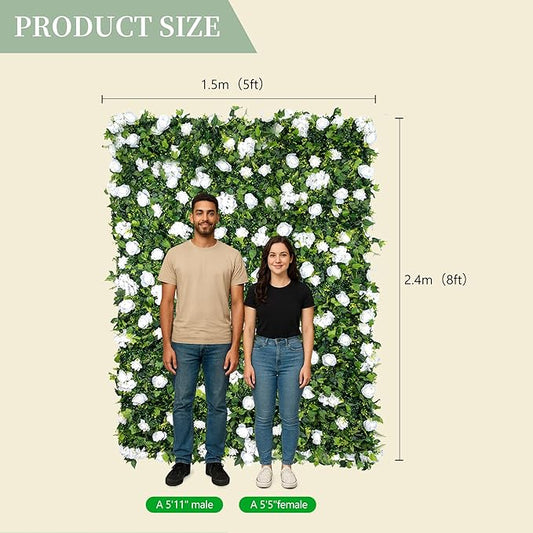 5×8 Ft 3D Artificial Flower Wall Panels, Quick Assembly Storage White Floral Greenery Fake Backdrop Fence Screen for Wedding Baby Show Birthday Party Indoor Outdoor Garden Backyard Home Decor