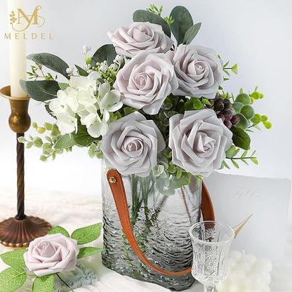 Meldel Artificial Flowers 25pcs Real Looking Dusty Violet Pale Lavender Foam Fake Roses with Stems for DIY Wedding Bouquets Bridal Shower Centerpieces Floral Arrangements Home Decorations Bulk Rose