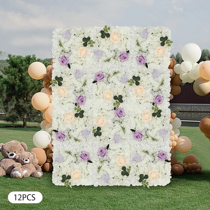 Flower Wall Panel Set,Artificial Wall Flower Backdrop,12 Pcs 15" X 15" 3D Silk Hydrangea Rose Floral Panel,Faux Roses Artificial Flower Backdrop for Wall Decor (12 PCS White&Purple)