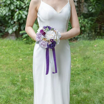 ponatia Purple Wedding Bouquets for Bride Bridesmaid, Cream Wedding Artificial Roses Flowers for Wedding Bouquets Ceremony, Anniversary (Purple & Cream)