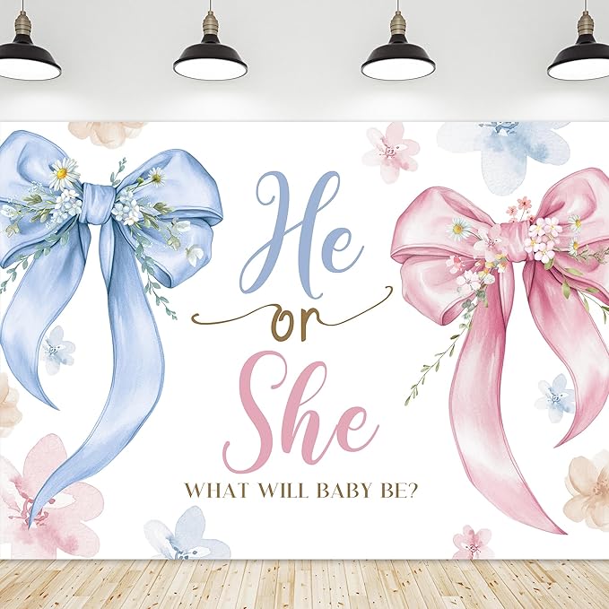 Riyidecor Gender Reveal Backdrop Polyester Fabric Bow Baby Shower Leaves He or She What Will Baby Be Pink Blue 7Wx5H Feet Newborn Photography Background Gender Reveal Photo Studio Shoot