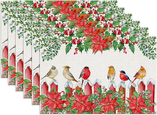 Christmas Birds Placemats Set of 6, Winter Red Cherry Linen Place Mat Washable Stain Resistant Table Mats for Farmhouse Kitchen Dining Party Wedding Decor 12x18 Inch